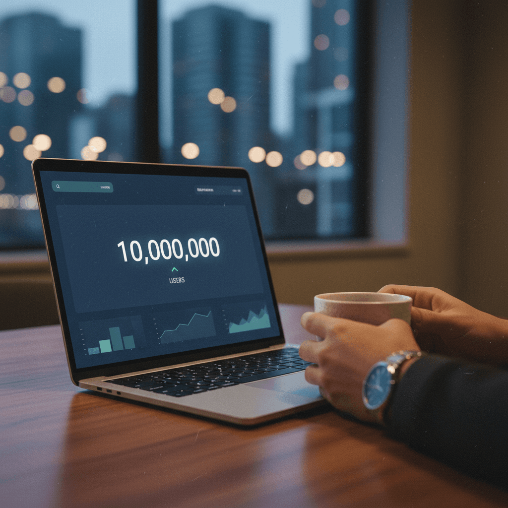 A laptop screen showing a ten million users milestone, symbolizing a company growth announcement featured on Business Insider.